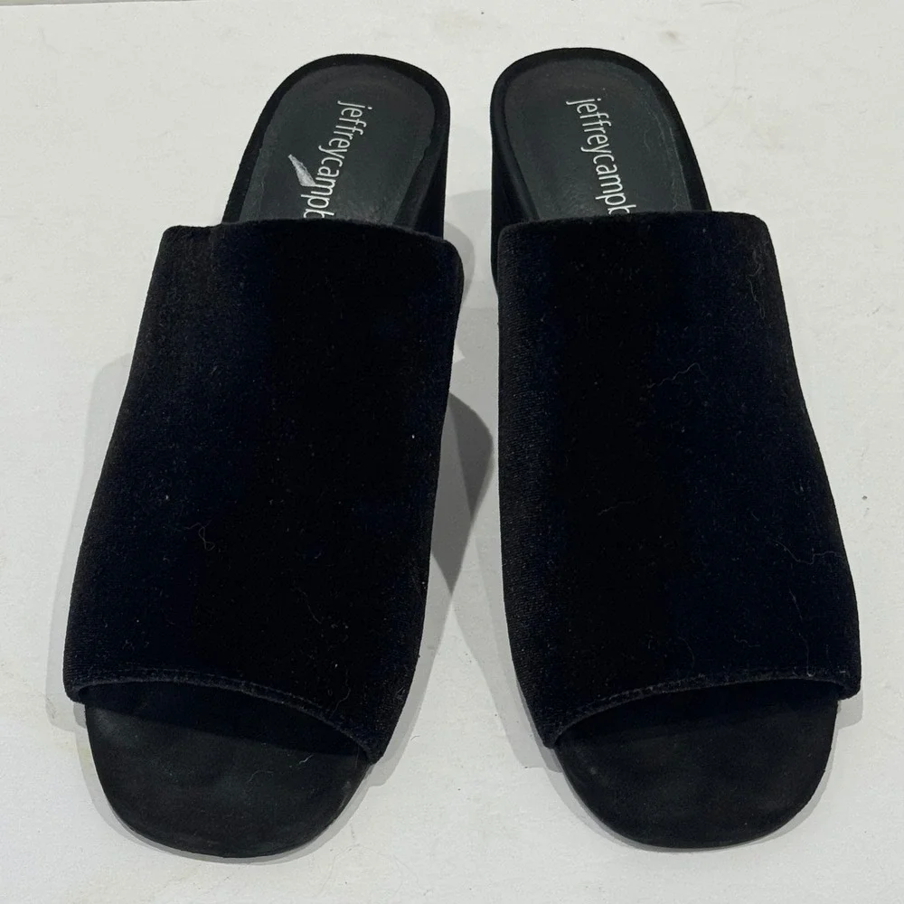 Jeffrey Campbell Willow Wedge Sandals Womens 7 Black Velvet Open Toe Slides 90s
